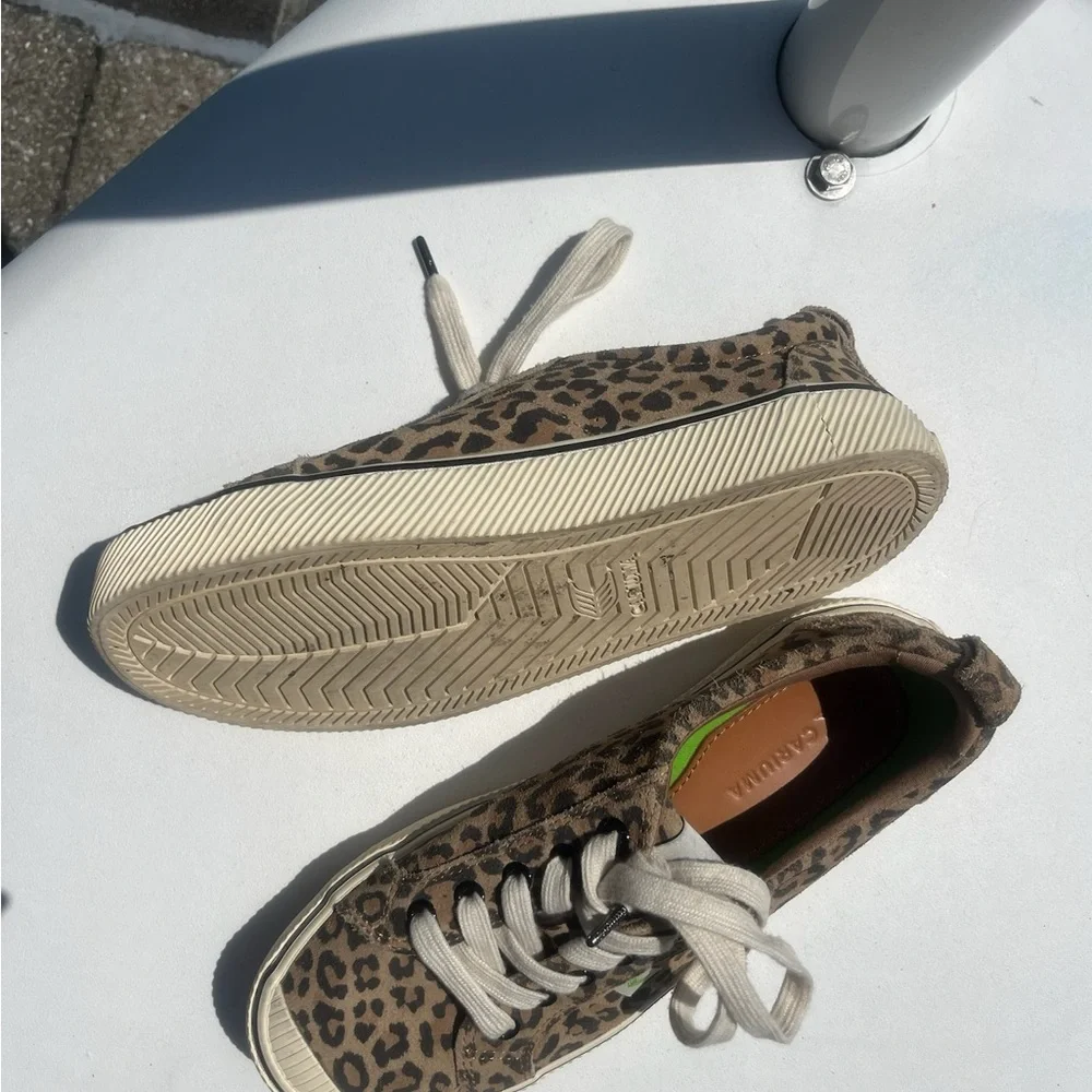 Brown and Beige Leopard Print Low-Top Sneakers
